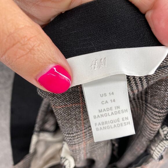 H&M Pants Women 14 Gray Plaid High Rise Flat Front Pull On Straight Chino Casual - Picture 8 of 10